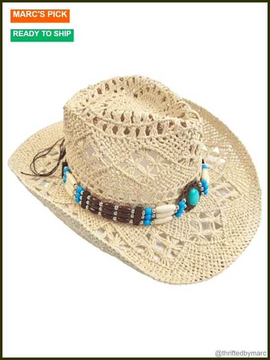 Wide Brim Straw Cowboy Hat Cowgirl Western with Decorative Band main image 5